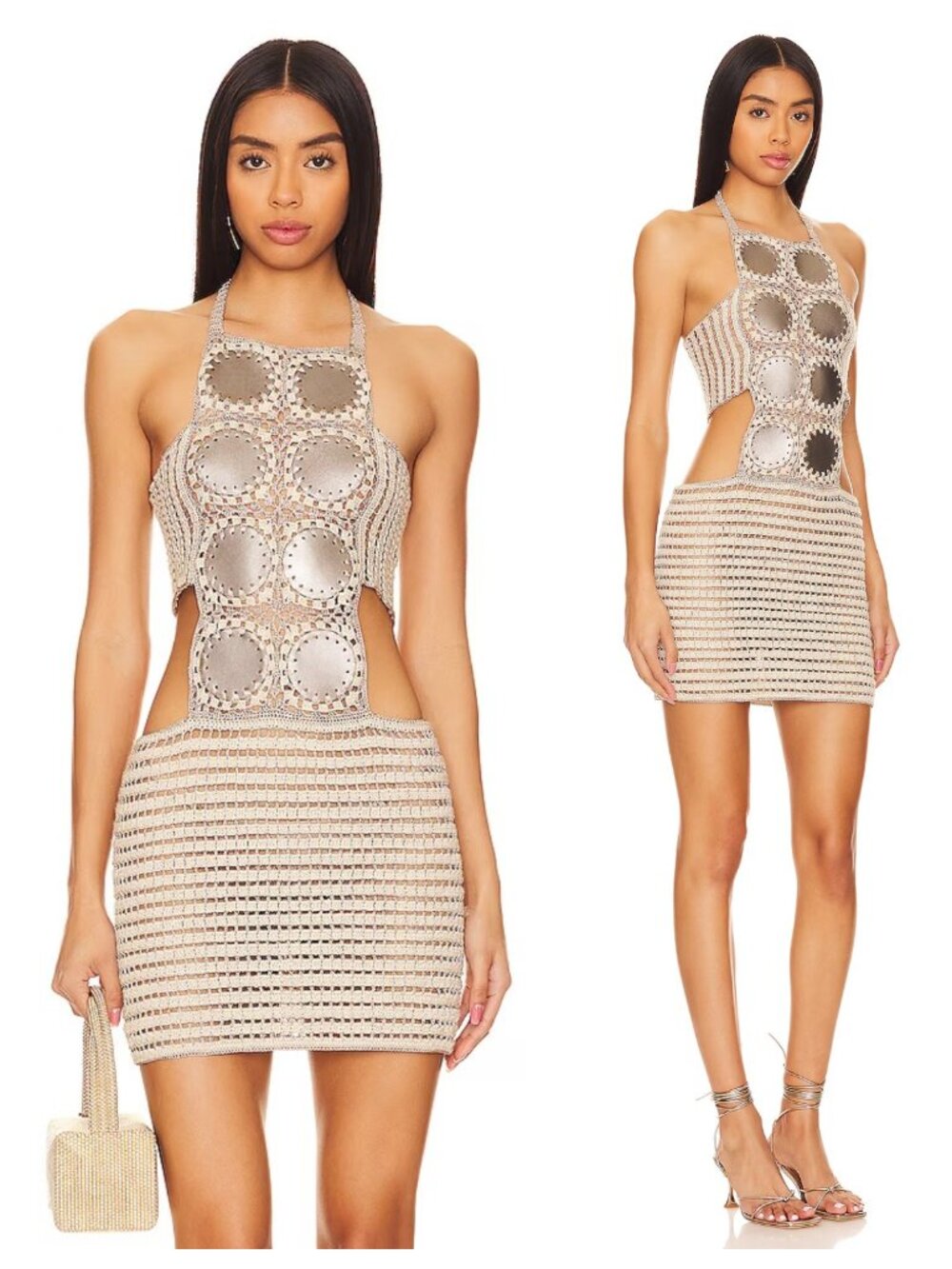 NWT Revolve My Beachy Side White Lotus Silver Leather Tan Crochet Mini Dress